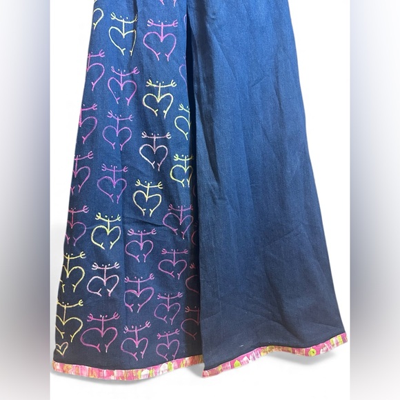 Denim Jumpsuit Wide Leg Short Puff Sleeve Women’s Large Hand painted hearts - Picture 8 of 10